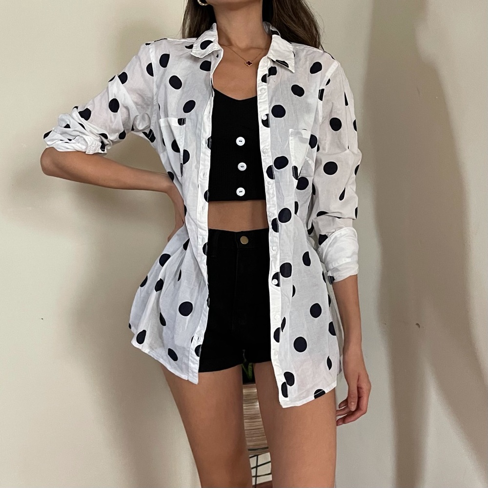 White Polka Button-Down Shirt, by long tall sally, size US10, UK14, EU42